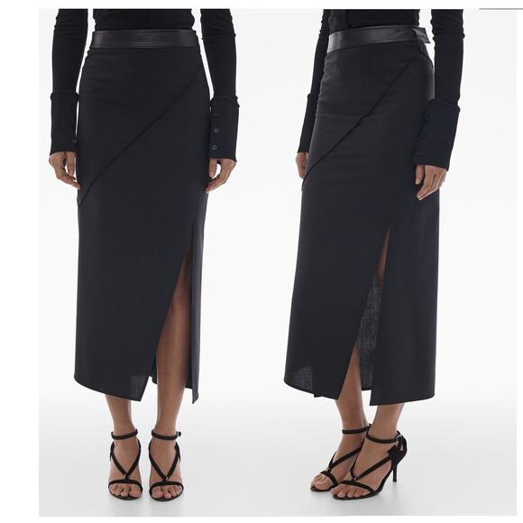 Helmut Lang Twisted Stretch Wool Skirt 6 Midi Grunge Office Siren Leather Waist - Picture 1 of 16